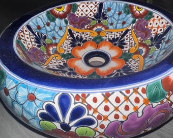 Talavera-spoelbak: ronde veelkleurige kobaltblauwe rand van 15 x 15 inch
