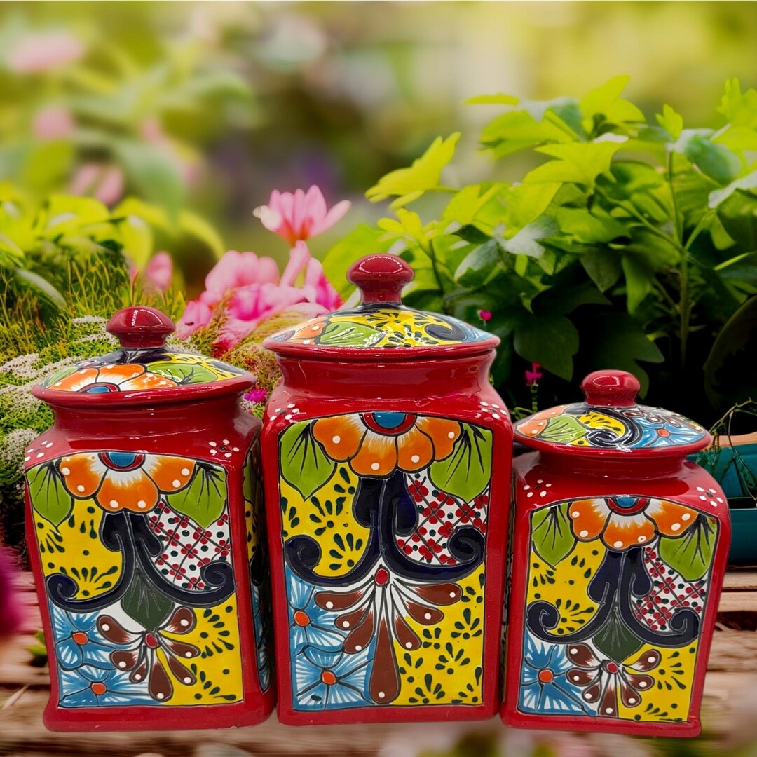 赤い花柄の蓋付き陶器 手描きタラベラキャニスター、3個セット、赤い花柄キッチン装飾 - Etsy