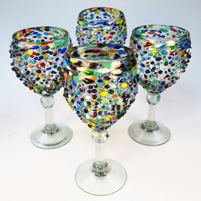 Hand blown Mexican wine goblets Glasses Confetti and Pebbled Etsy