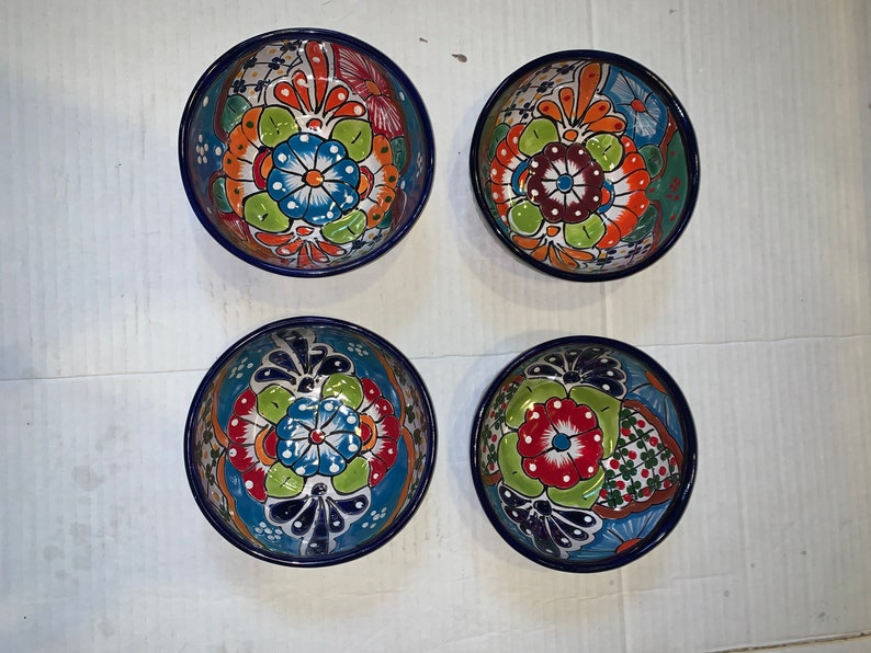 Handmade Talavera Bowls: Set of 4 Mexican Folk Art Painted Bowls