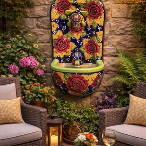 May include: A wall-mounted ceramic fountain featuring a vibrant hand-painted floral pattern with large red roses and yellow leaves on a deep blue background. The basin has a bright green rim and a central spout, mounted against a stone wall.