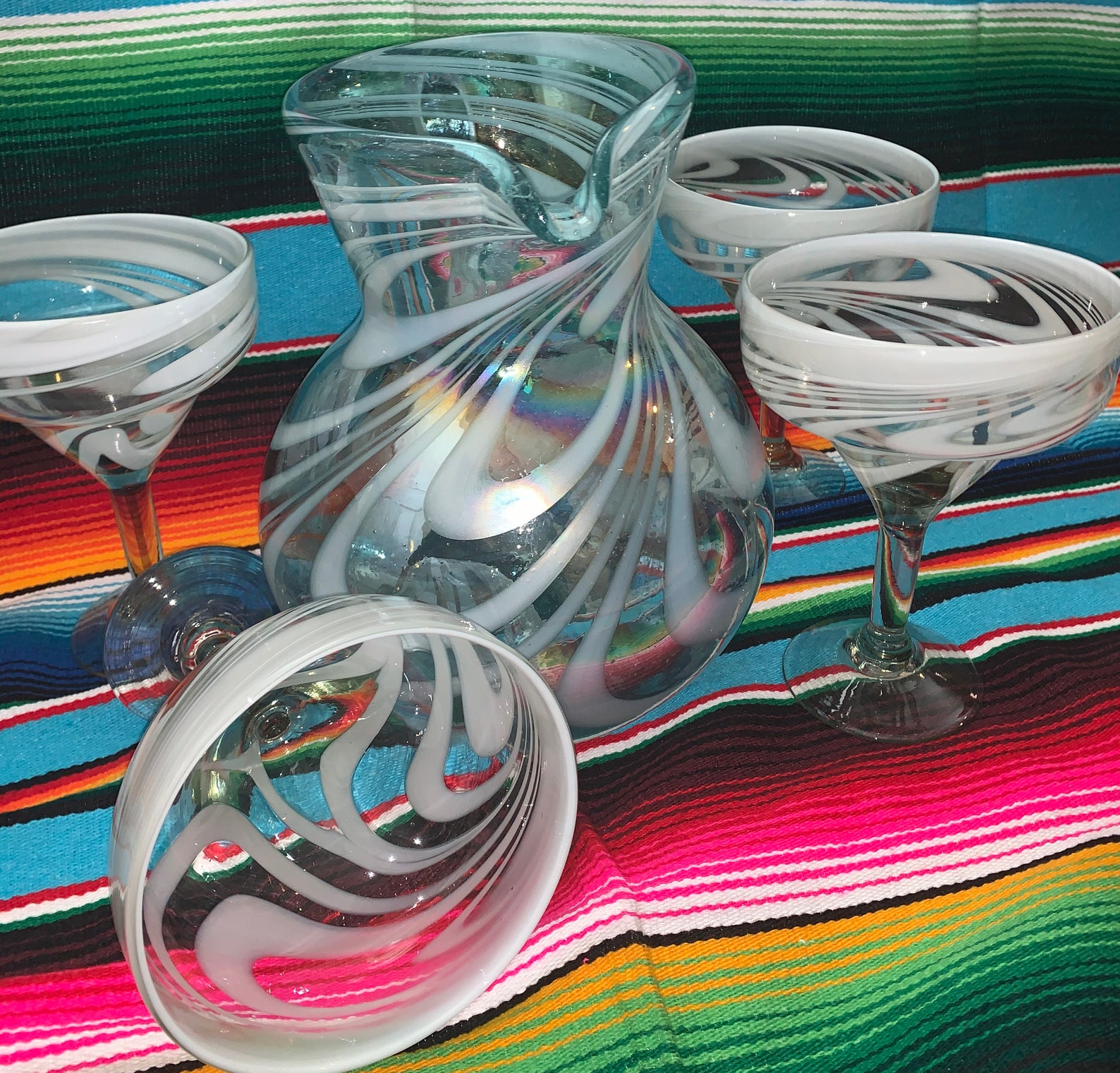 Margarita pitcher set and 6 margarita glasses white swirl Etsy