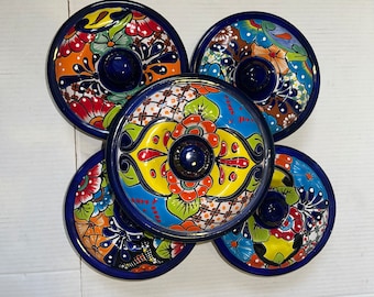 Calentador de tortillas de Talavera pintado a mano: Plato mexicano para servir en azul cobalto