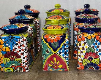 Handcrafted Talavera Canister Set: Mexican Folk Art Floral Kitchen Decor