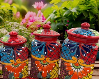 Juego de 3 botes de Talavera con borde rojo y flores multicolores pintadas a mano