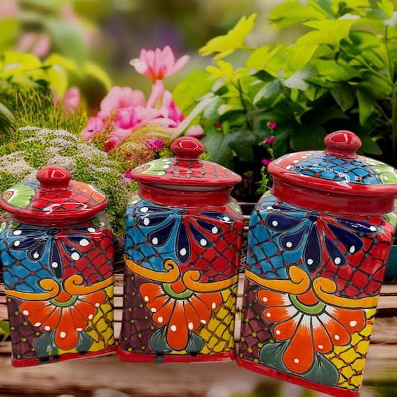Floral Canister Set with Multicolor Design Canister Set of 3: Mexican Folk Art Floral Kitchen Decor  main image 3