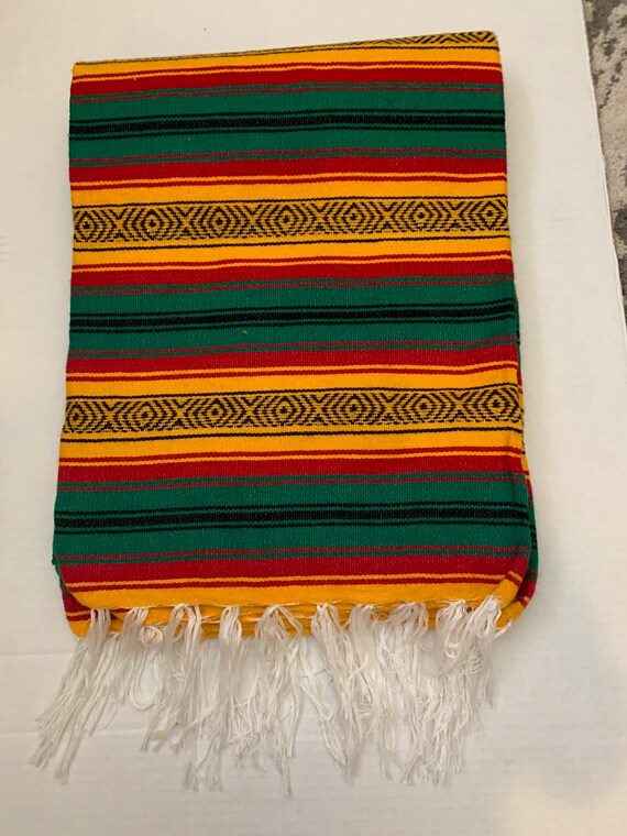 Rasta Serape Blanket Handmade Mexican Yellow Green and Red Stripes