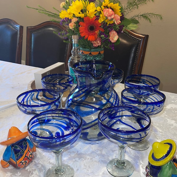 Margarita pitcher Set of 7 and 6 margarita glasses blue swirl beautiful hand blown 16 ounce