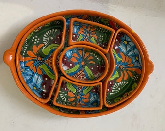Appetizer Casserole tray Orange Talavera Mexican Folk Art Talavera Orange with  Multicolored 7 Pc in Mexico