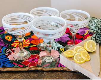 White Swirl Margarita beautiful Glasses, Beautiful elegant and classy Glass hand blown