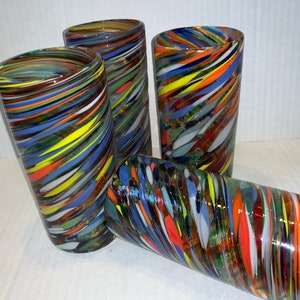 Set of 2 , 4 or 6 multicolored Hand blown Mexican Beautiful elegant water Glass 6.5" X 3.5” sturdy