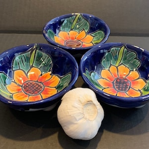 Handmade Talavera Sunflower Bowls: Cobalt Blue Mexican Folk Art, Set of 3