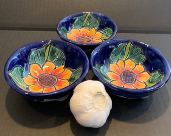 Set of 3 sunflower Salsa monjitas Talavera  bowls Cobalt blue Small Mexican Folk Art Handmade cute