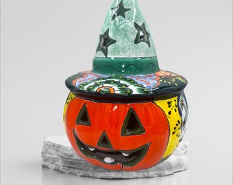 Talavera Pumpkin Jack O Lantern Candle Holder with Hat