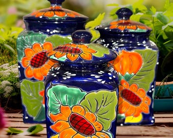 Canister Set Talavera : Cobalt Blue, Hand-Painted Sunflowers, XL Kitchen Storage