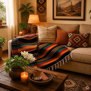 May include: A beige sofa features a multi-colored striped throw blanket with fringe, a textured cream pillow, a solid rust-colored pillow, and a patterned geometric pillow. A wooden coffee table holds a potted plant, a candle, and a bowl.