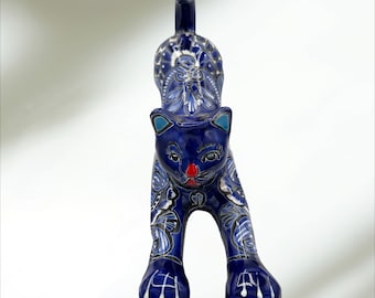 Talavera Blue and white Cat stretching beautiful statue Flowers and a cute flower on the bum