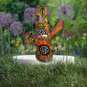 Cactus saguaro statue Terracotta with sunflower I butterflies hand painted desert garden