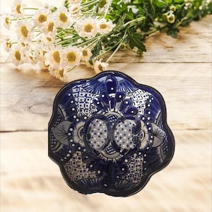 Talavera bowl scalloped cobalt blue and white   serving side bowl