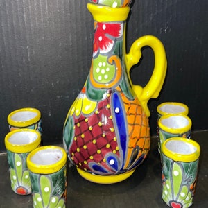 Set of 7  Yellow Decanter matching 6 shot glasses Talavera beautiful hand painted with multicolored