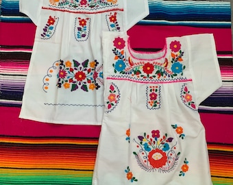 Dress Girl Traditionally Mexican Coco Girls and baby embroidery flowers on front of dress Handmade with love 0M-6 years