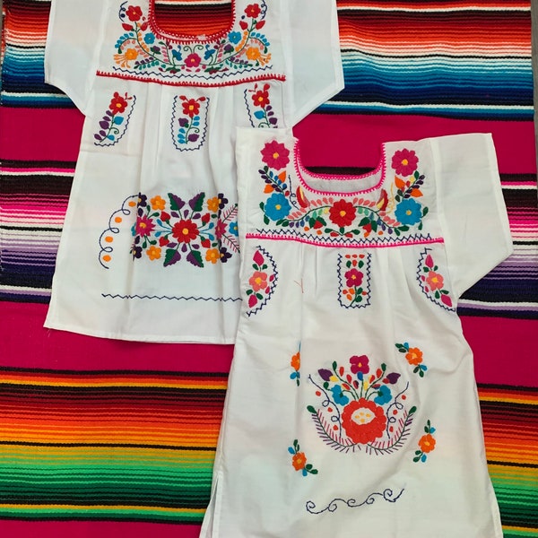 Dress Girl Traditionally Mexican Coco Girls and baby embroidery flowers on front of dress Handmade with love 0M-6 years