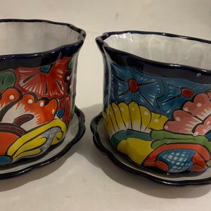 Talavera Flower Pot Planters Set - Cobalt Blue, Hand Painted Mexican Folk Art