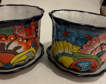 Talavera Blumentopf Set - Kobaltblau, handgemalte mexikanische Volkskunst