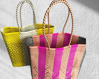 Torba plażowa z tworzywa sztucznego, bardzo duża, tkana ręcznie, meksykańska, z recyklingu