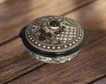 Scalda tortilla dipinto a mano in legno di Talavera bianco e nero