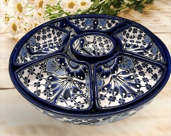Talavera appetizer tray sectional Cobalt Blue and white Chip Dip Platter 7 Pc  Handcrafted in Mexico beautiful.