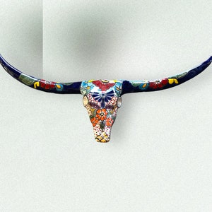 Talavera  long horns cow cobalt blue with multicolored  42” length