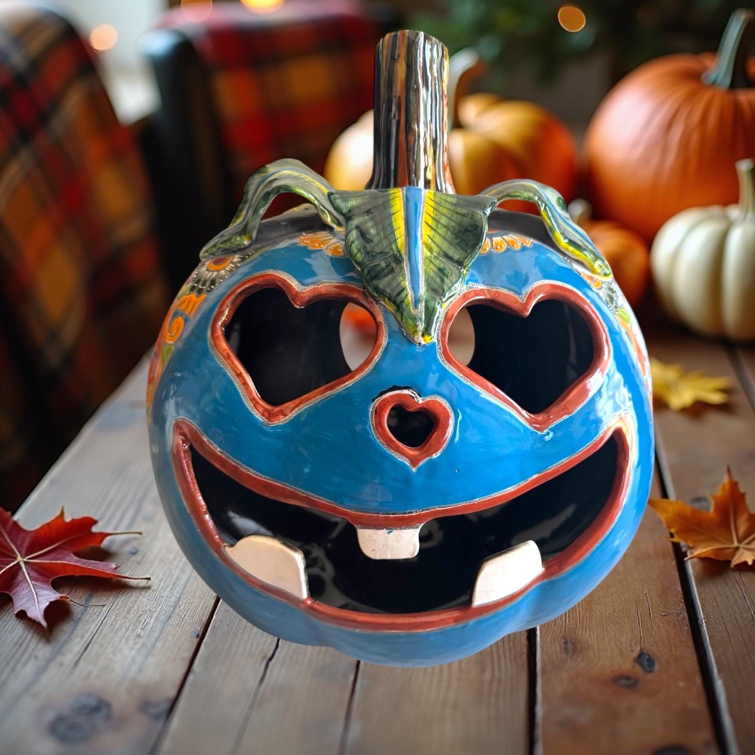 Pumpkin Extra Large Talavera Jack O Lantern: Turquoise Halloween