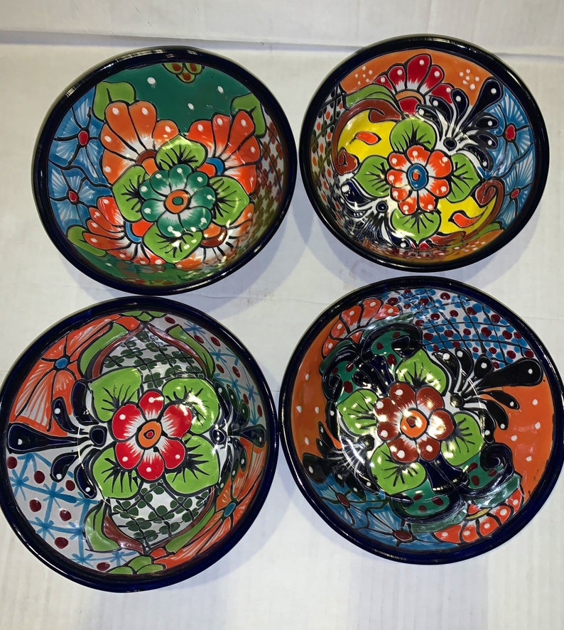 4 Piece Talavera beautiful Posole 8\u201d Bowls Set Mexican Pottery Ceramic Folk ART Handmade From Mexico Beautiful Painted Bowls