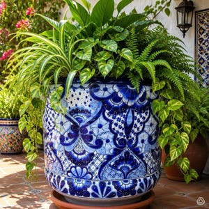 May include: A large, round ceramic planter featuring a glossy white finish with intricate blue floral and geometric patterns. The planter is filled with a lush arrangement of green spider plants, pothos vines, and ferns, resting on a matching saucer.