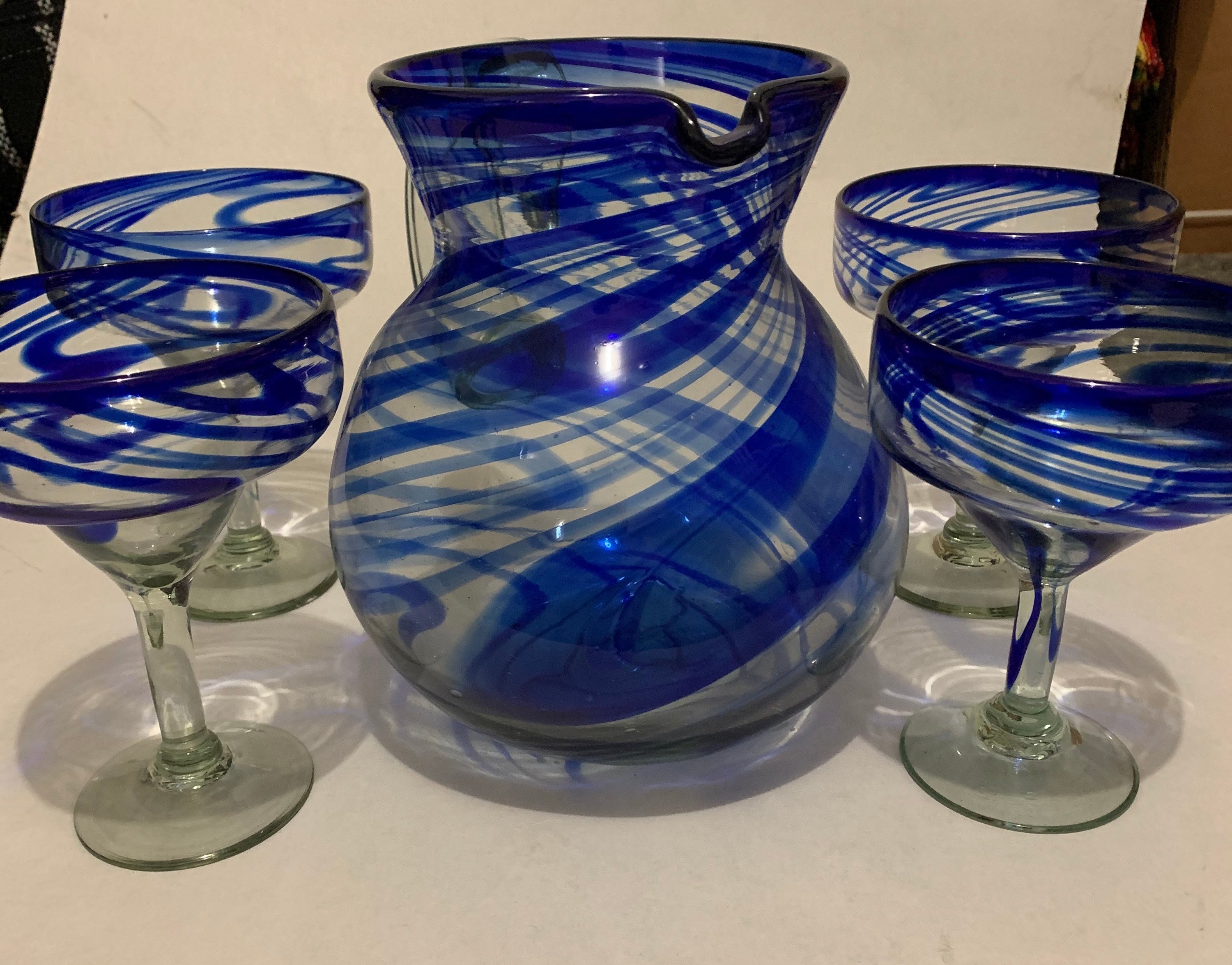 Set of 7 Margarita pitcher and 6 margarita glasses blue swirl Etsy