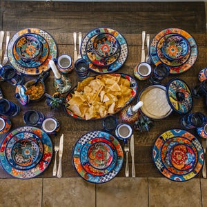 Dinnerware 35 Piece Mexican Talavera Set. Seating for 8 Vibrant Dishes with Floral Patterns, Lead Free, Heat Safe