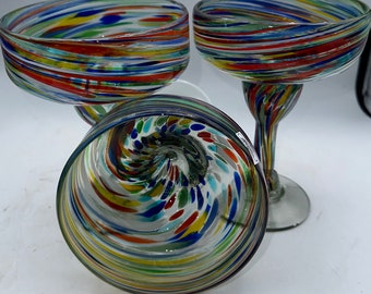 Margaritas Glasses sets Swirled fiesta beautiful Hand blown from Mexico beautiful extra large glasses sturdy holds 16oz