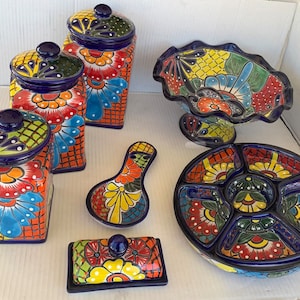 Talavera 5 Piece set blue rim Multicolored ceramic matching 3 canister 1 spoon 1 appetizer tray 1 butter dish and 1 fruit bowl