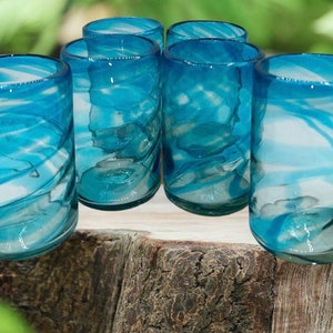 Glassware tumbler Aqua  swirl tumbler Sets of 2 ,4 and 6 or more Mexican multicolored swirl Beautifu elegant handblown