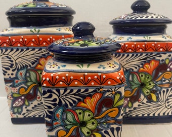 Canister Set of 3  Cobalt Blue rim red boarder Floral, Mexican Kitchen Decor