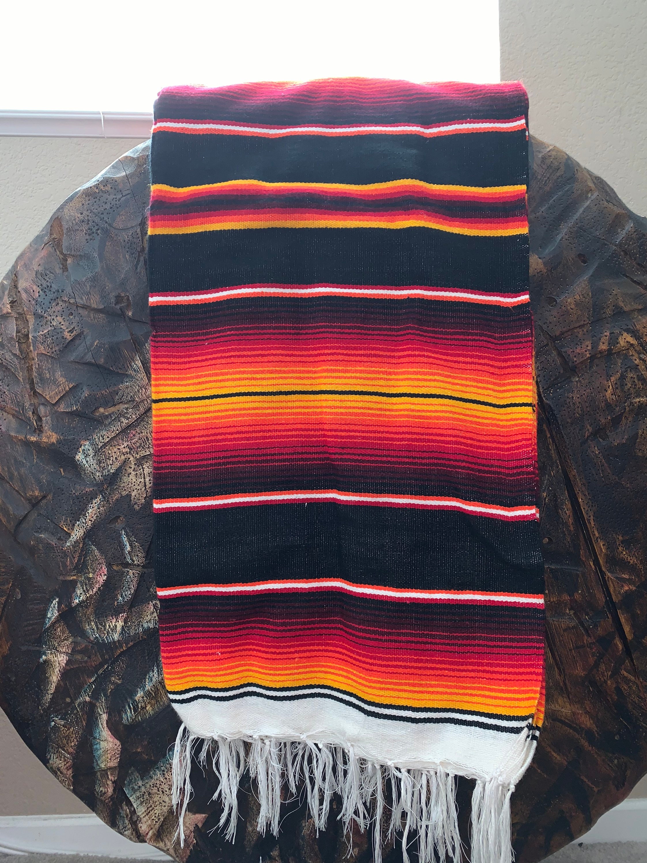 Serape Blanket: Orange Red Black Stripe, White Fringe (82