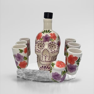 Talavera Skull Decanter saltshaker 8 piece Tequila Set 6 Shot Glass decanter beautiful pink flowers.