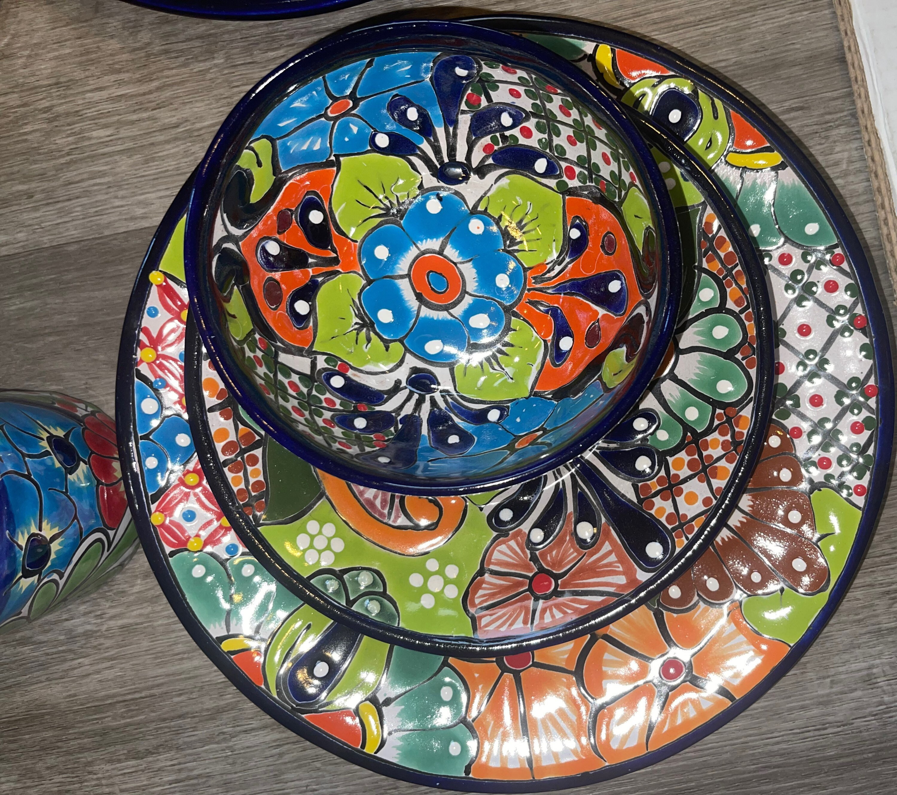 タラベラ食器セット：花柄コバルトブルー縁飾り、メキシコ陶器 - Etsy 日本