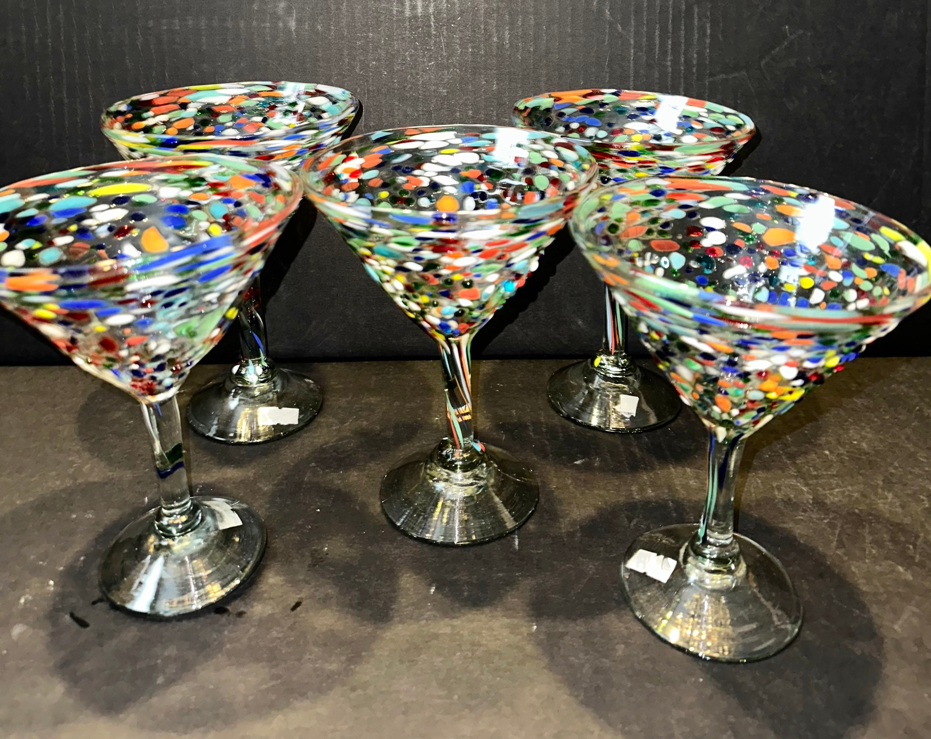 Set of 4 Handcrafted Confetti Rock Martini Glasses Mexican Fiesta