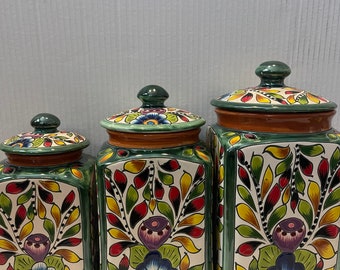 Talavera Canister set of 3 background Olive green with brown accent blue flowers multicolored leaves crafted beautiful extra large canister