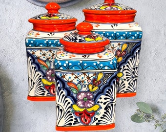 Canister Orange Rim with blue strip Set 3 piece Handcrafted Talavera :, Floral Design
