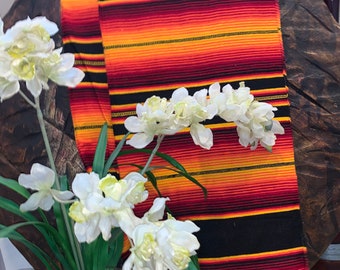 Hot Rod orange red black stripe Serape Mexican Blanket Rainbow Southwest White Fringe XL Handmade beautiful colors xL