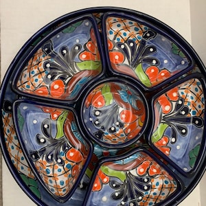 Appetizer Tray Talavera Mexican Folk Art Cobalt Blue Multicolored Chip Dip Platter 7 Pc Handcrafted in Mexico 12.5 beautiful image 10