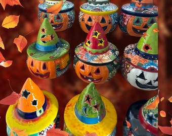 Talavera Pumpkin Jack O Lantern Candle Holder with Star Hat